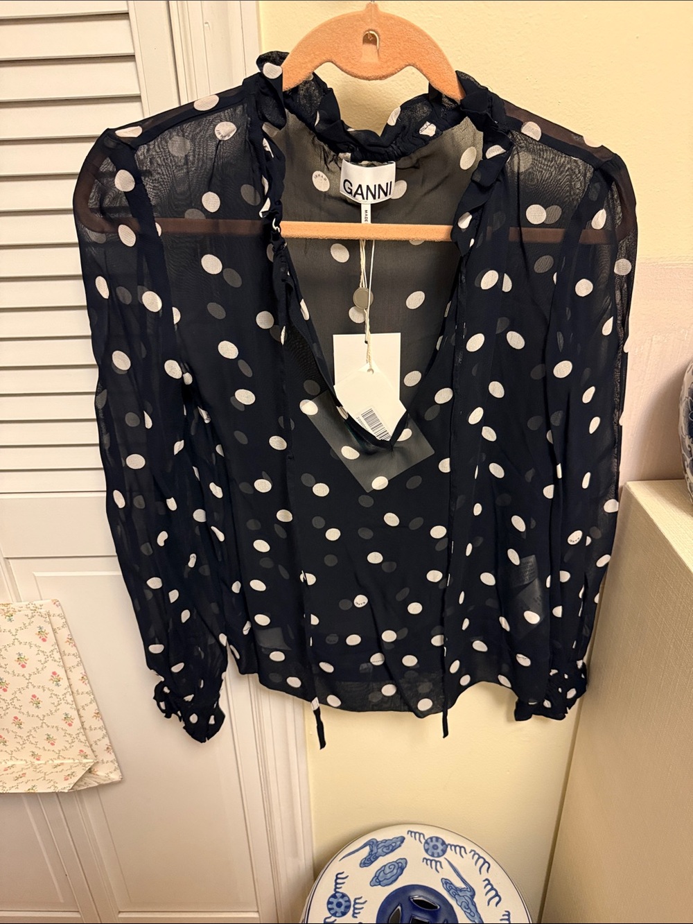 Ganni Ruffled Polka-Dot Chiffon Blouse